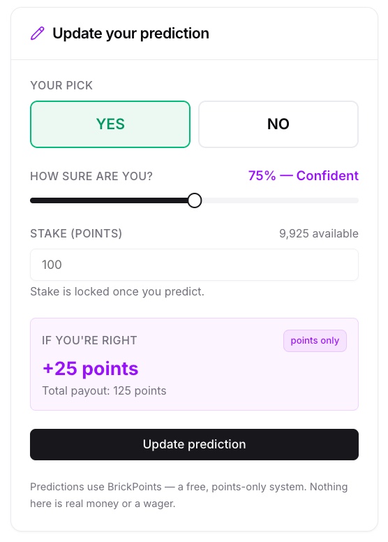 Making a prediction on BrickPulse: pick an outcome, set your confidence, stake BrickPoints, and see your potential payout before you commit.