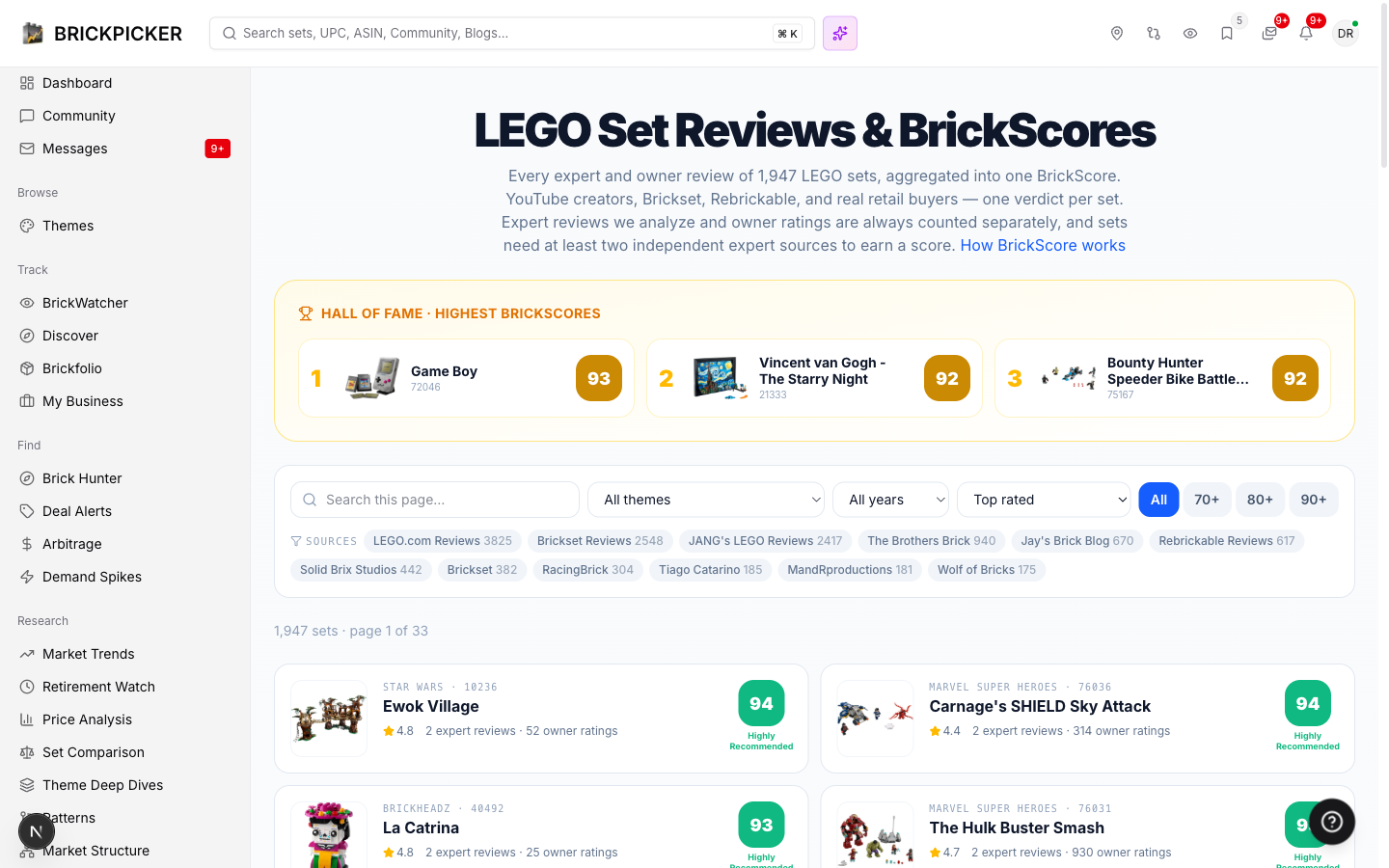 The BrickScore hub: every reviewed set, ranked, filterable by theme, year, and score tier