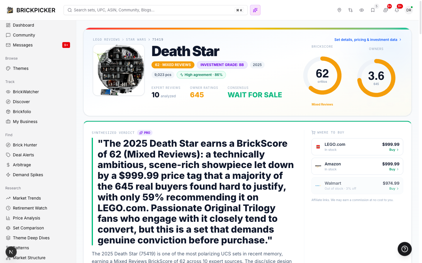 A full BrickScore review page: the score, the critics vs owners split, and the synthesized verdict
