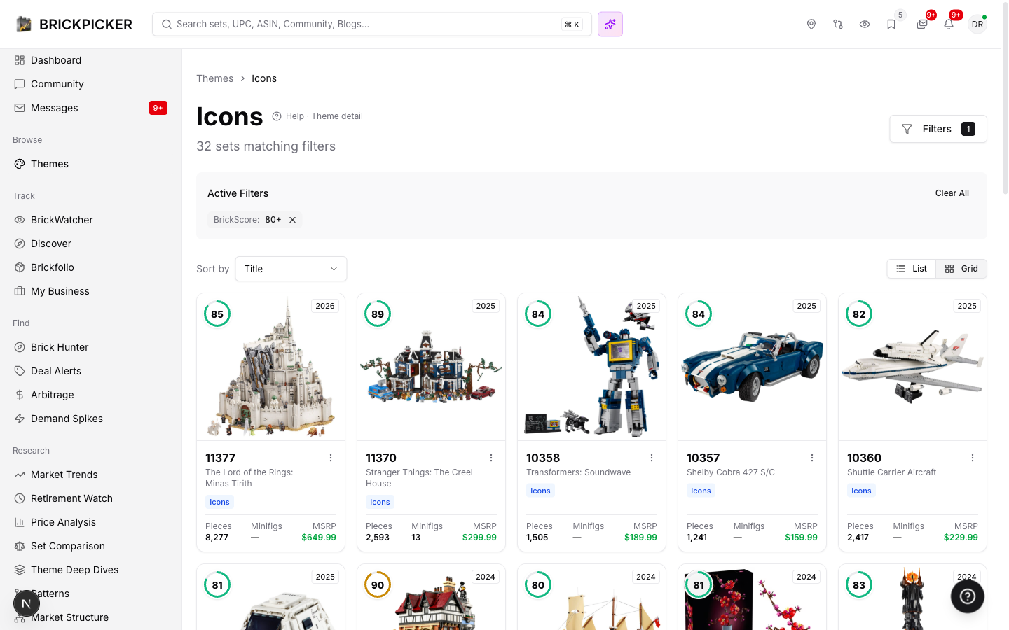 BrickScore dials integrated into theme pages, with score-tier filtering