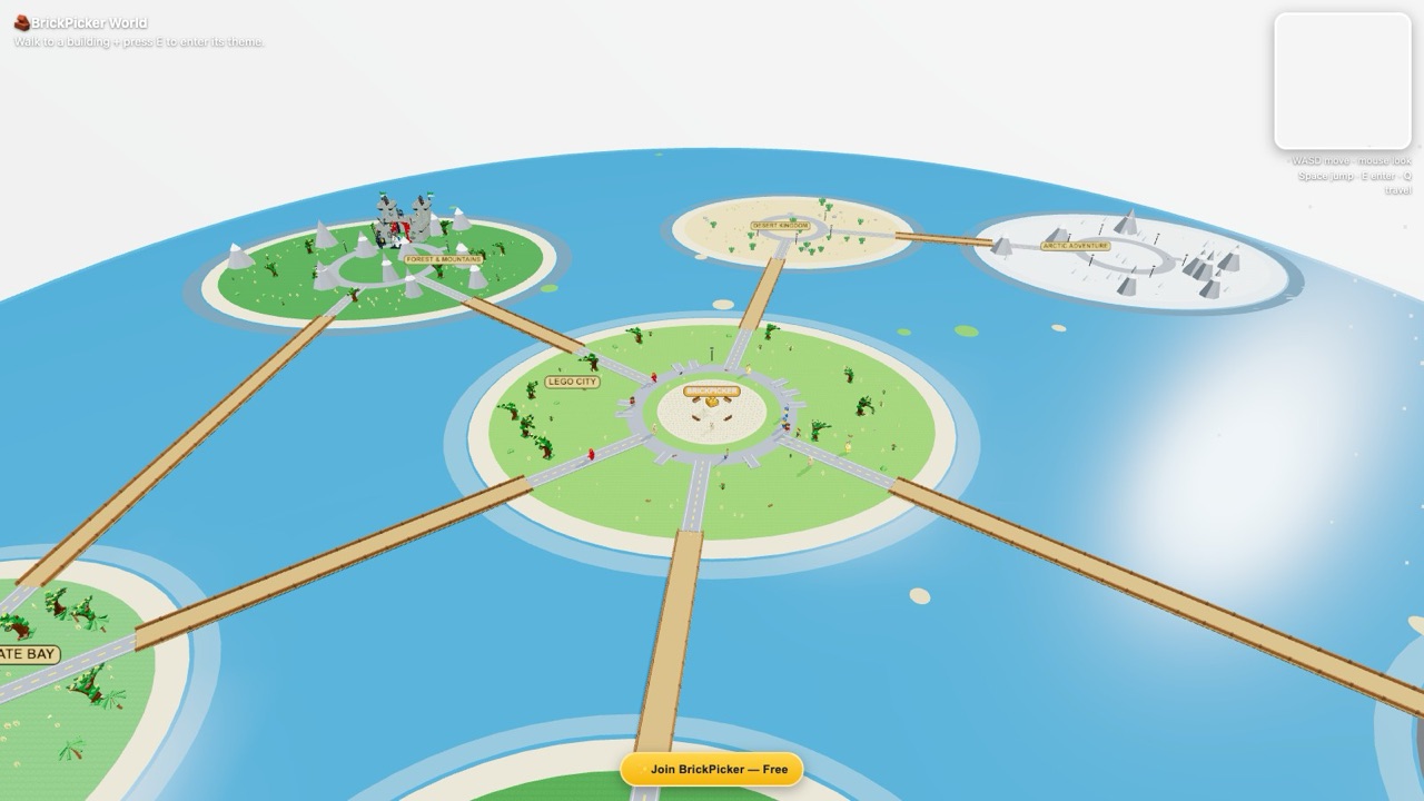 Aerial view of the BrickPicker World archipelago of themed LEGO islands joined by brick bridges