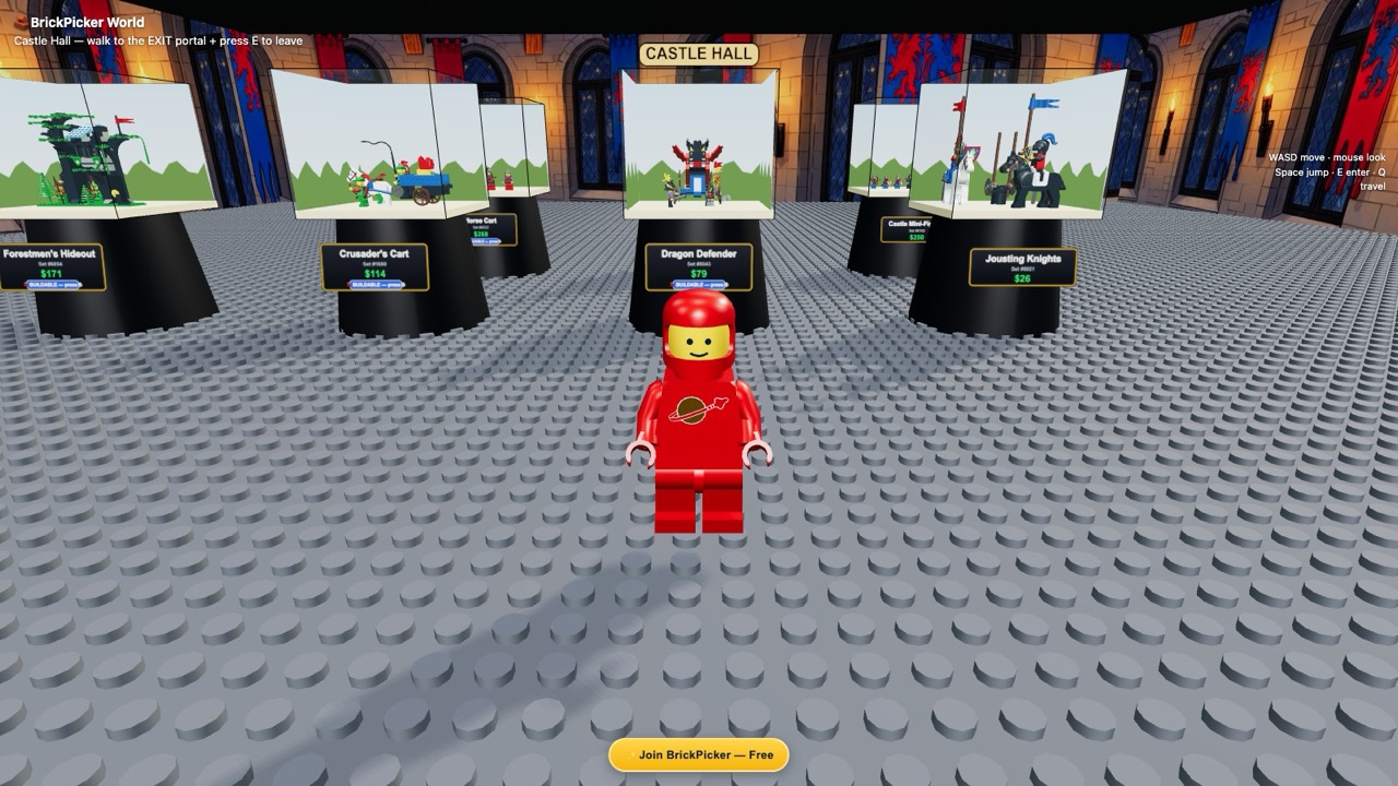 Inside a themed castle hall, classic LEGO sets displayed on pedestals