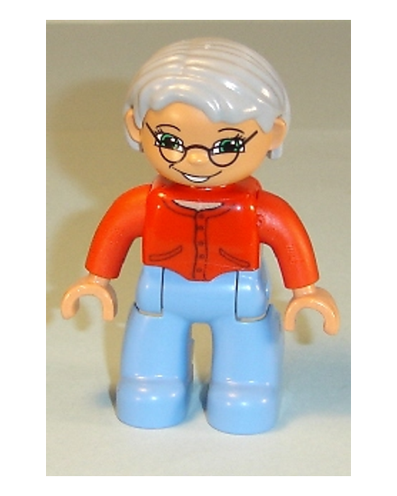 Duplo Figure Lego Ville, Female, Medium Blue Legs, Red Sweater, Very Light Gray Hair, Blue Eyes, Glasses