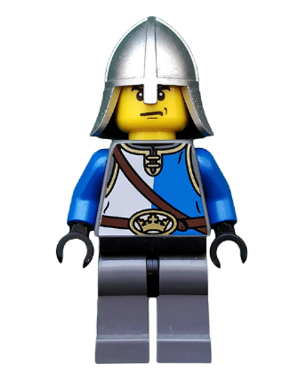 Castle - King's Knight Blue and White with Chest Strap and Crown Belt, Helmet with Neck Protector, Angry Eyebrows and Scowl
