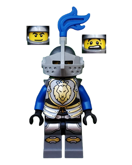 Castle - King's Knight Armor with Lion Head with Crown, Helmet with Pointed Visor, Blue Plume, Determined / Open Mouth Scared Pattern