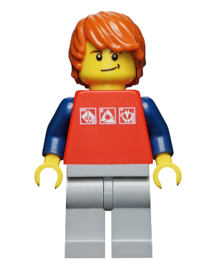 Red Shirt with 3 Silver Logos, Dark Blue Arms, Light Bluish-Gray Legs, Dark Orange Hair