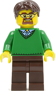 Green V-Neck Sweater, Dark Brown Legs, Dark Brown Short Tousled Hair, Safety Goggles