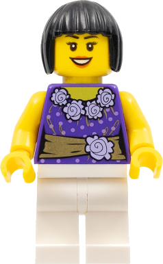 Female Dark Purple Blouse with Gold Sash and Flowers, White Legs, Black Bob Cut Hair