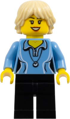 Medium Blue Female Shirt with Two Buttons and Shell Pendant, Black Legs, Tan Tousled and Layered Hair