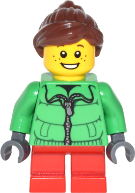 Winter Jacket Zipper, Red Short Legs, Reddish Brown Ponytail and Swept Sideways Fringe
