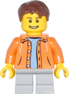 Orange Jacket with Hood over Light Blue Sweater, Light Bluish Gray Short Legs, Reddish Brown Short Tousled Hair