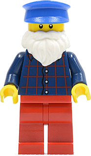 Plaid Button Shirt, Red Legs, White Short Beard, Blue Hat