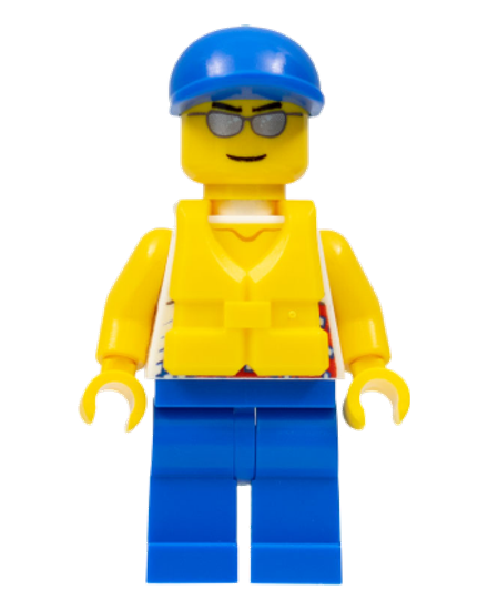 Tank Top with Surfer Silhouette, Blue Legs, Blue Short Bill Cap, Life Jacket Center Buckle, Silver Sunglasses