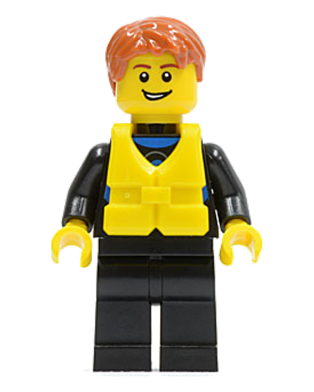 Wetsuit with Blue Sign, Black Legs, Dark Orange Short Tousled Hair, Life Jacket Center Buckle, Open Grin
