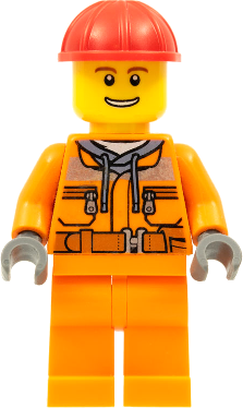Construction Worker - Male, Orange Safety Jacket, Reflective Stripe, Sand Blue Hoodie, Orange Legs, Red Construction Helmet, Thin Grin with Teeth