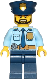 Police - City Shirt with Dark Blue Tie and Gold Badge, Dark Tan Belt with Radio, Dark Blue Legs, Police Hat with Gold Badge, Head Beard Black Angular