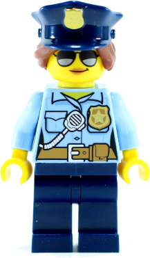 Police - City Officer Female, Bright Light Blue Shirt with Badge and Radio, Dark Blue Legs, Dark Blue Police Hat, Sunglasses