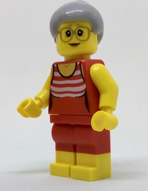 Beachgoer - Gray Female Hair and Red Old-Fashioned Swimsuit