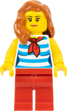 Beachgoer - Female, Dark Azure and White Striped Shirt with Red Scarf, Red Legs, Dark Orange Hair