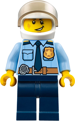 Police - City Officer Shirt with Dark Blue Tie and Gold Badge, Dark Tan Belt with Radio, Dark Blue Legs, White Helmet