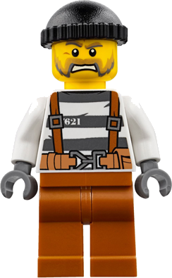 Police - Jail Prisoner Overalls 621 Prison Stripes, Dark Orange Legs, Black Knit Cap, Beard