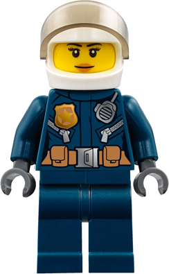 Police - City Helicopter Pilot Female, Leather Jacket with Gold Badge and Utility Belt, Dark Blue Legs, White Helmet, Nougat Lips Slight Smile
