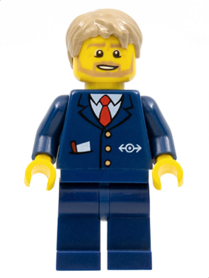 City Bus Driver - Dark Blue Suit with Train Logo, Dark Tan Short Tousled Hair, Beard