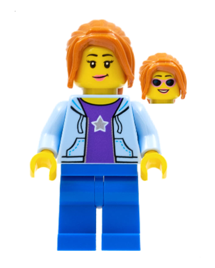 Hiker, Female, Bright Light Blue Hoodie over Dark Purple Star Shirt, Dark Orange Ponytail Long with Side Bangs