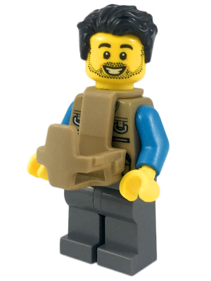 Camper - Male, Dark Tan Vest over Dark Azure Shirt, Dark Bluish Gray Legs, Black Tousled Hair, Baby Carrier