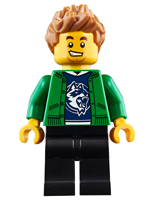 Hiker, Male, Green Jacket over Raccoon Shirt, Black Legs, Medium Nougat Spiked Hair