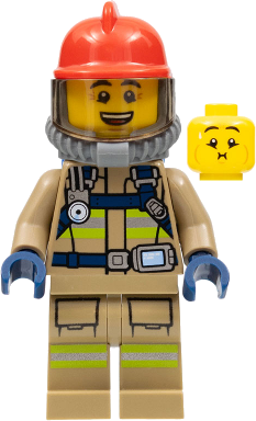 Fire - Reflective Stripes, Dark Tan Suit, Red Fire Helmet, Open Mouth, Breathing Neck Gear with Blue Air Tanks