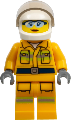 Fire - Reflective Stripes, Bright Light Orange Suit, White Helmet, Safety Glasses, Dark Orange Lips Closed Mouth Smile