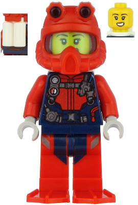 Scuba Diver - Female, Open Mouth, Red Helmet, White Air Tanks, Red Flippers