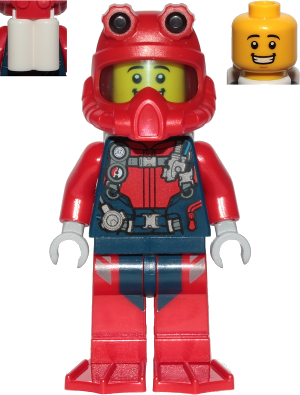 Scuba Diver - Male, Open Mouth Smile, Red Helmet, White Air Tanks, Red Flippers