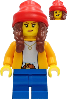 Girl - Bright Light Orange Jacket, Blue Medium Short Legs, Reddish Brown Hair with Braids and Red Beanie