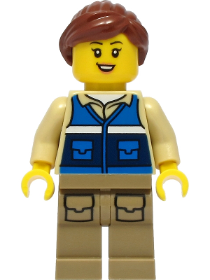 Wildlife Rescue Worker - Female, Blue Vest with 'RESCUE' Pattern on Back, Dark Tan Legs with Pockets, Reddish Brown Hair