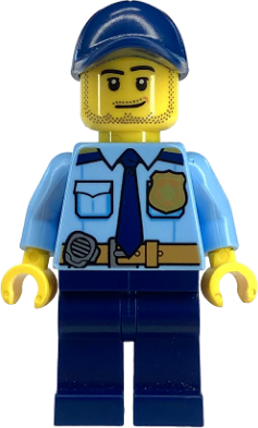 Police - City Shirt with Dark Blue Tie and Gold Badge, Dark Tan Belt with Radio, Dark Blue Legs, Dark Blue Cap with Hole, Stubble Beard