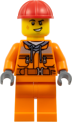 Construction Worker - Male, Orange Safety Jacket, Reflective Stripe, Sand Blue Hoodie, Orange Legs, Red Construction Helmet