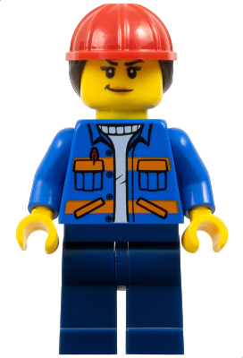 Construction Worker - Female, Blue Jacket with Diagonal Lower Pockets and Orange Stripes, Dark Blue Legs, Red Construction Helmet with Dark Brown Ponytail Hair