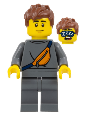 Plane Passenger - Male, Dark Bluish Gray Sweater with Orange Sling Bag, Dark Bluish Gray Legs, Reddish Brown Messy Hair, Sleep Mask