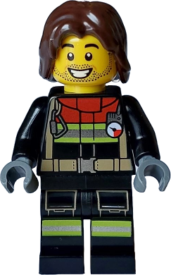 Fire - Male, Black Jacket and Legs with Reflective Stripes and Red Collar, Dark Brown Hair Mid-Length Tousled