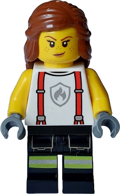 Fire - Female, White Shirt with Suspenders, Legs with Reflective Stripes, Reddish Brown Hair with Braid