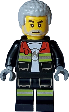 Fire - Male, Black Open Jacket and Legs with Reflective Stripes and Red Collar, Light Bluish Gray Coiled Hair