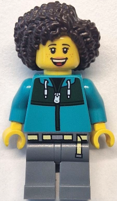 Bus Passenger - Female, Dark Turquoise Jacket with Dark Green Panel, Dark Bluish Gray Legs, Dark Brown Hair