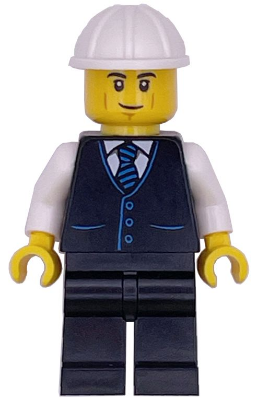 Construction Engineer / Architect - Male, Black Vest with Blue Striped Tie, Black Legs, White Construction Helmet, Lopsided Grin