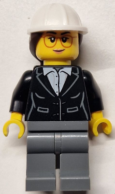 Construction Engineer / Architect - Female, Black Suit Jacket with White Button Up Shirt, Dark Bluish Gray Legs, White Construction Helmet with Dark Brown Ponytail Hair, Glasses