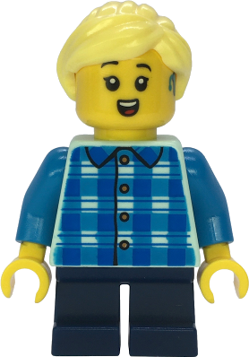 Child - Girl, Blue and Dark Azure Plaid Shirt, Dark Blue Short Legs, Bright Light Yellow Ponytail, Hearing Aid
