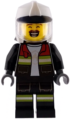 Fire - Male, Black Open Jacket and Legs with Reflective Stripes and Red Collar, White Fire Helmet, Trans-Clear Visor, Reddish Brown Moustache