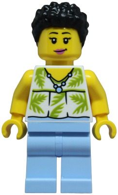 Tourist - Female, White Sleeveless Top with Lime Palm Leaves, Bright Light Blue Legs, Black Hair
