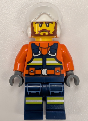 Coast Guard City Helicopter Pilot - Male, Reddish Orange Jacket with Dark Blue Safety Vest, Dark Blue Legs with Pockets and Reflective Stripes, White Flight Helmet